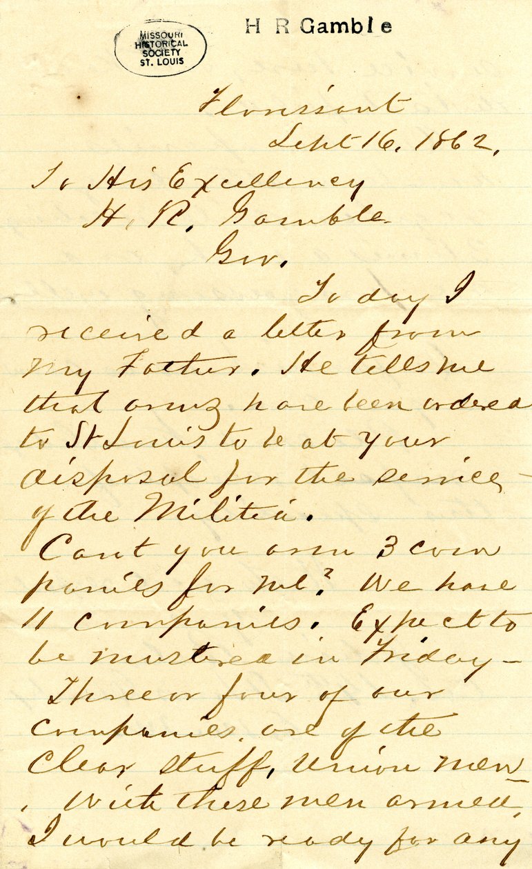Florianin Julian Batesin kirje hänen ylhäisyydelleen H.R. Gamblelle 16. syyskuuta 1862 tekijältä Julian Bates