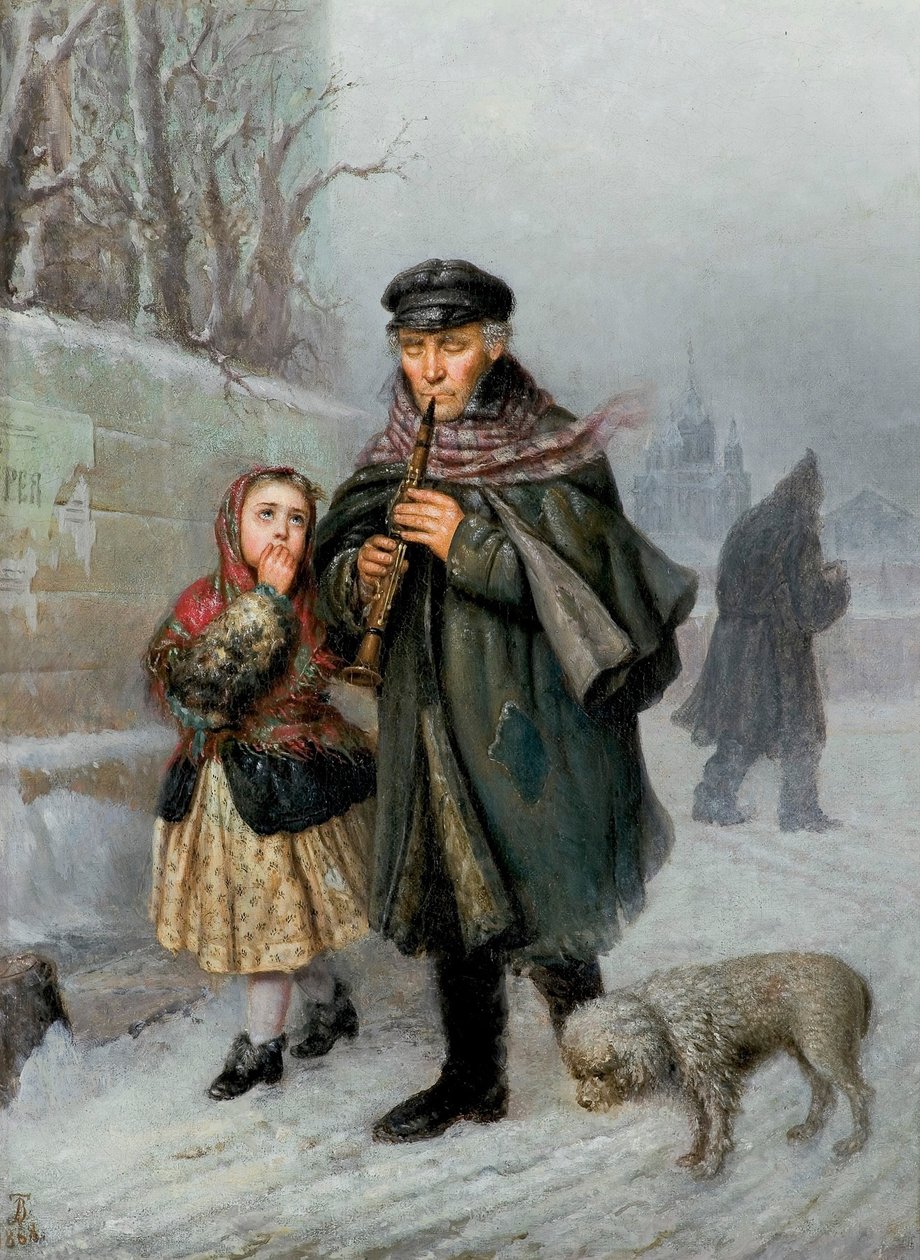 Klarinetisti - katukohtaus Pietarista (kerjäläisklarinetisti tytön ja koiran kanssa). tekijältä Julian Bończa Tomaszewski