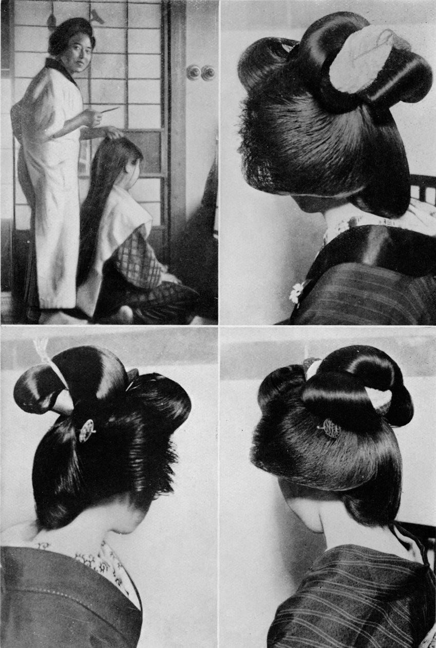 Geisha-hiustyyli kestää kaksi tuntia, kampaus, kestää useita päiviä, c1900, 1921. tekijältä Julian Leonard Street