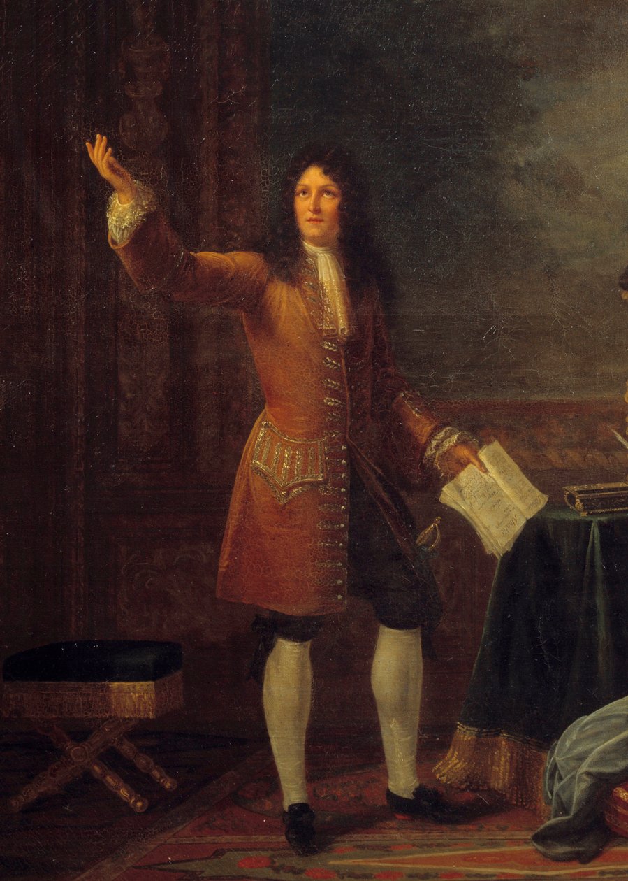 Jean Racine (1639-1699) lukee näytelmänsä Ranskan kuninkaan edessä. Yksityiskohta maalauksesta "" Jean Racine (1639-1699), jossa lukee "" Athalie"" ennen Ludvig XIV:tä (1638-1715) ja Francoise d
