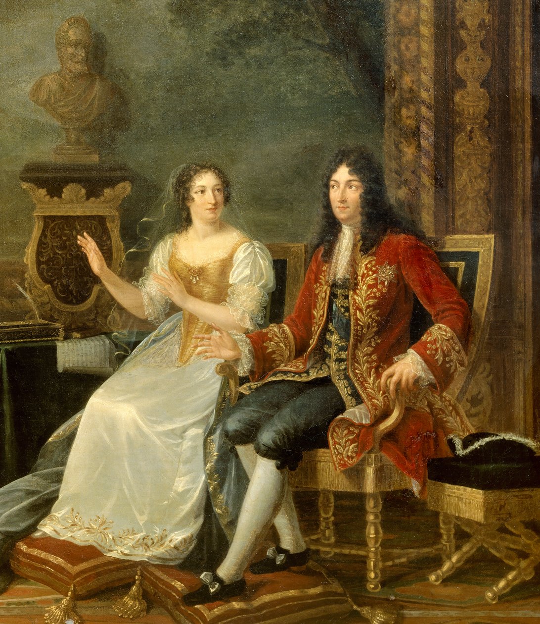 Ranskan kuningas Ludvig XIV Madame de Maintenonin kanssa. Yksityiskohta maalauksesta "" Jean Racine (1639-1699), jossa lukee "" Athalie" ennen Ludvig XIV:tä (1638-1715) ja Francoise d