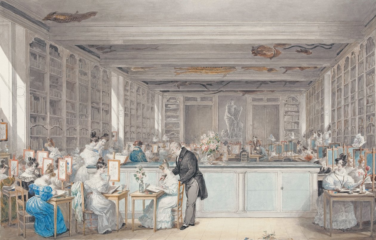Pierre-Joseph Redoutén kasvitieteellinen piirustuskoulu Salle Buffonissa Jardin des Plantesissa, 1830 (wc ja grafiitti paperilla) tekijältä Julie Ribault