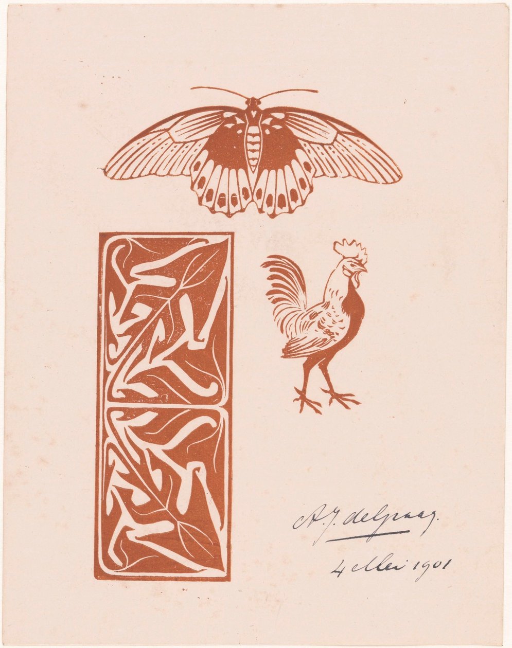 Perhonen, kukon ja lehtien töitä tekijältä Julie de Graag (signed by artist)