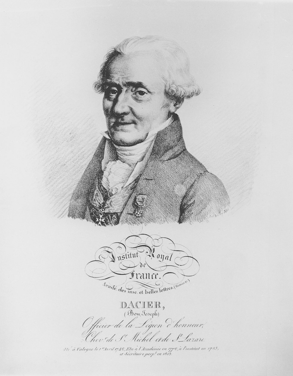 Bon-Joseph Dacier (1742-1833) teoksesta "Kuuluisten akateemikkojen muotokuvia", 1820 tekijältä Julien Leopold Boilly