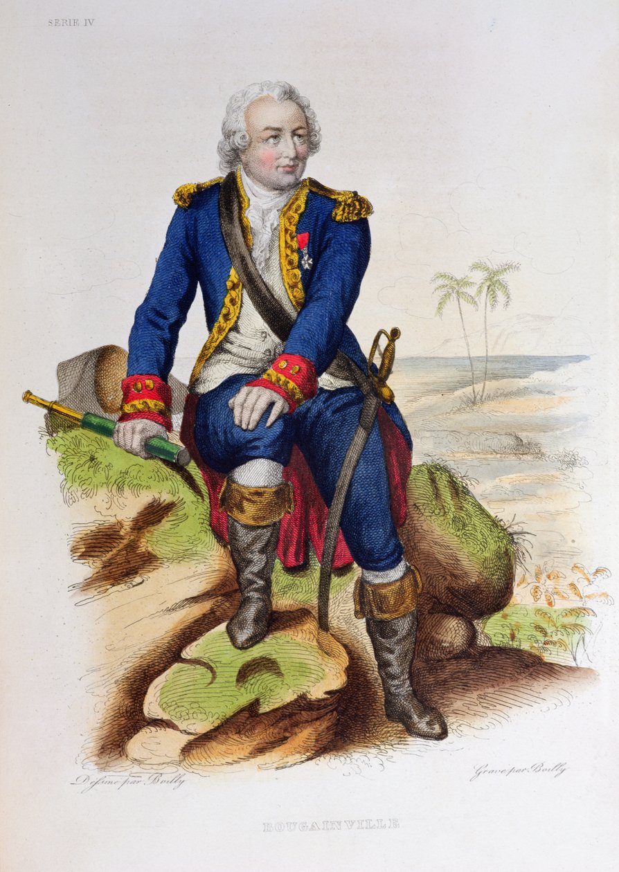 Louis Antoine de Bougainville (1729-1811) istuu kalliolla, kuvitus Edouard Mennechet
