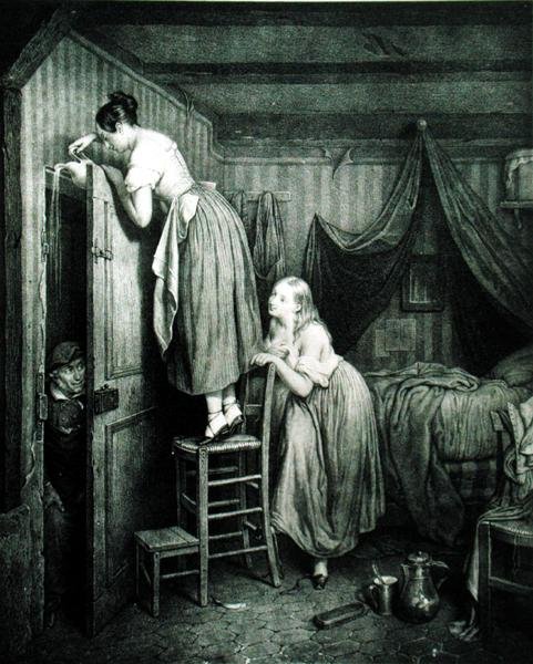 The Nosy Parker Punished, kaiverrus Alphonse Leon Noel (1807-84) (painettu) tekijältä Julien (after) Vallou de Villeneuve