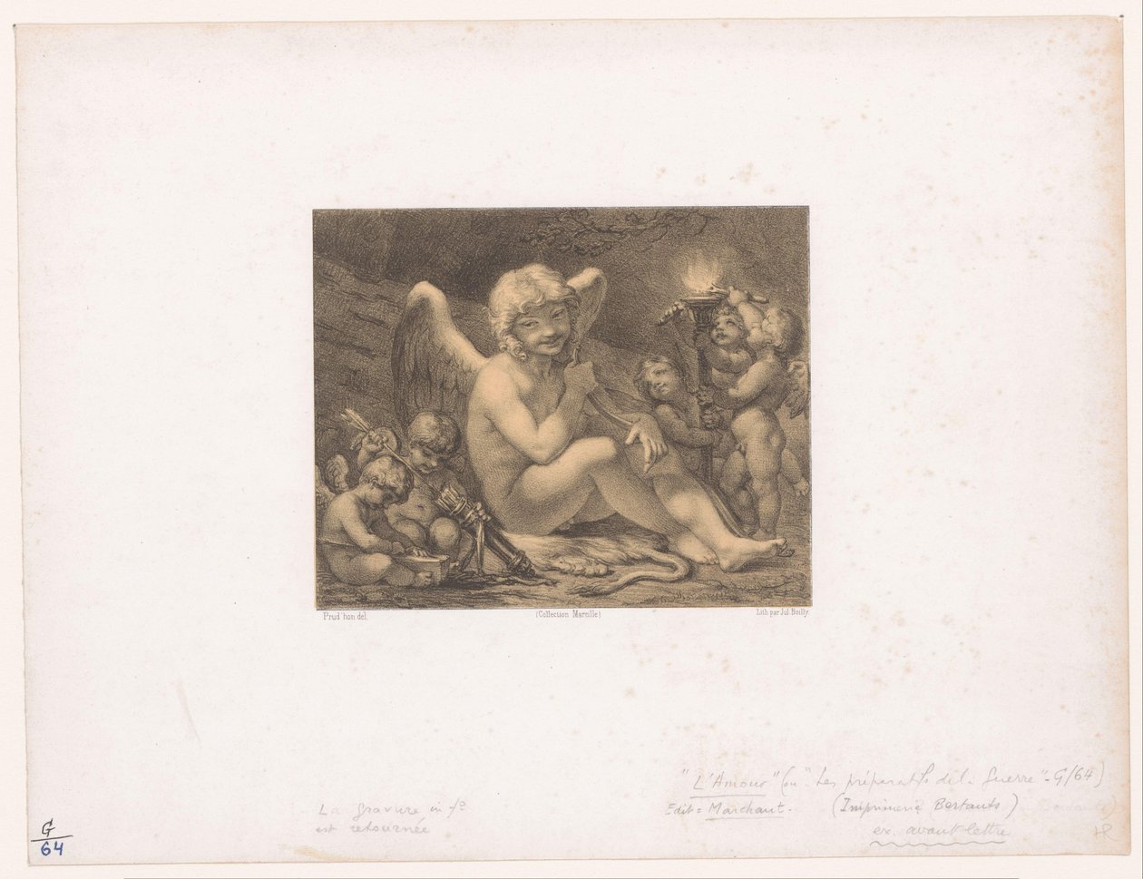 Amor ja putti teroittavat nuoliaan Les Preparatifs de la guerre tekijältä Julien Leopold Boilly