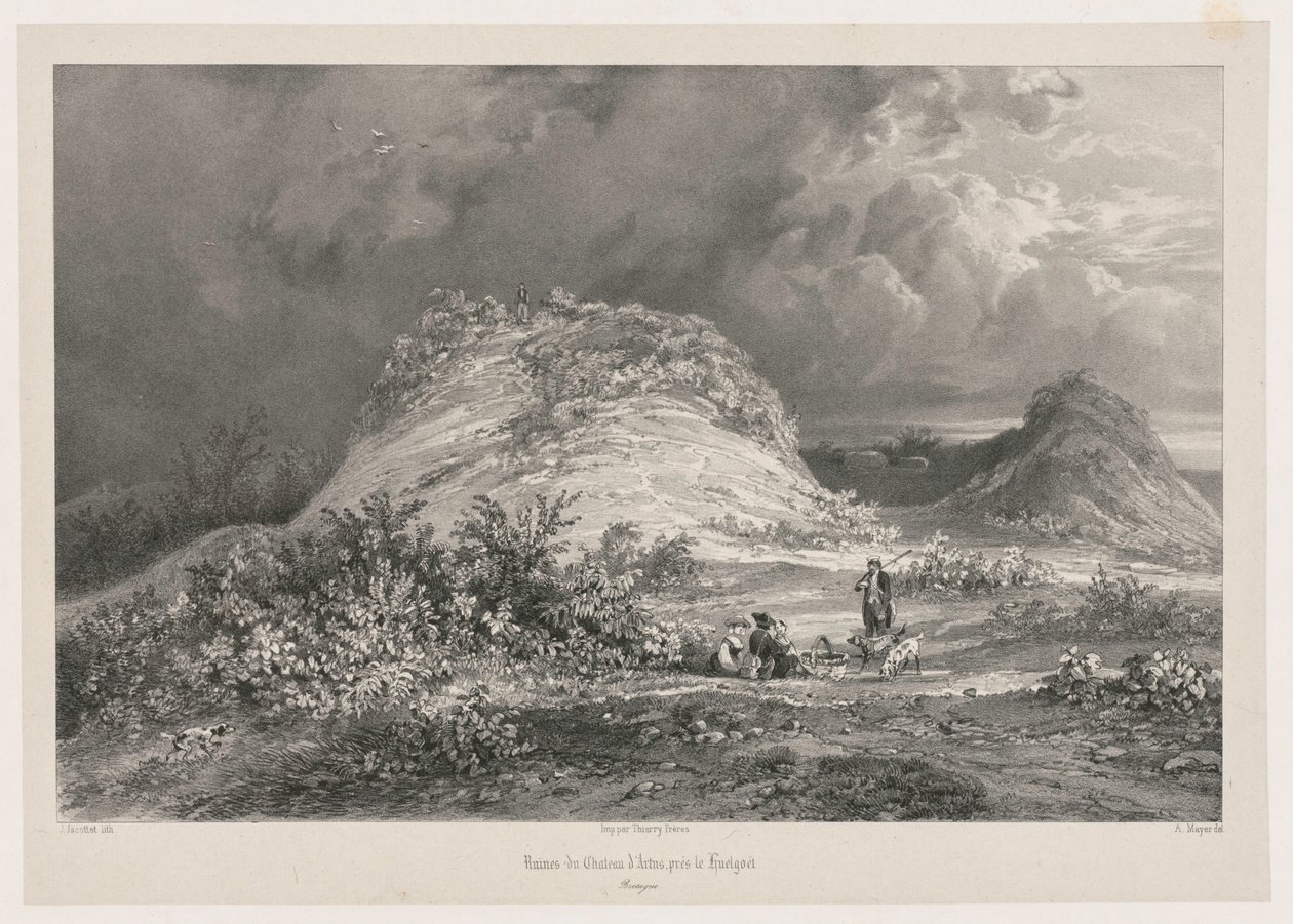 Chateau dArtnsin rauniot lähellä Huelgoatia, Bretagnen, 1845-1846. tekijältä Julien Louis Jacottet