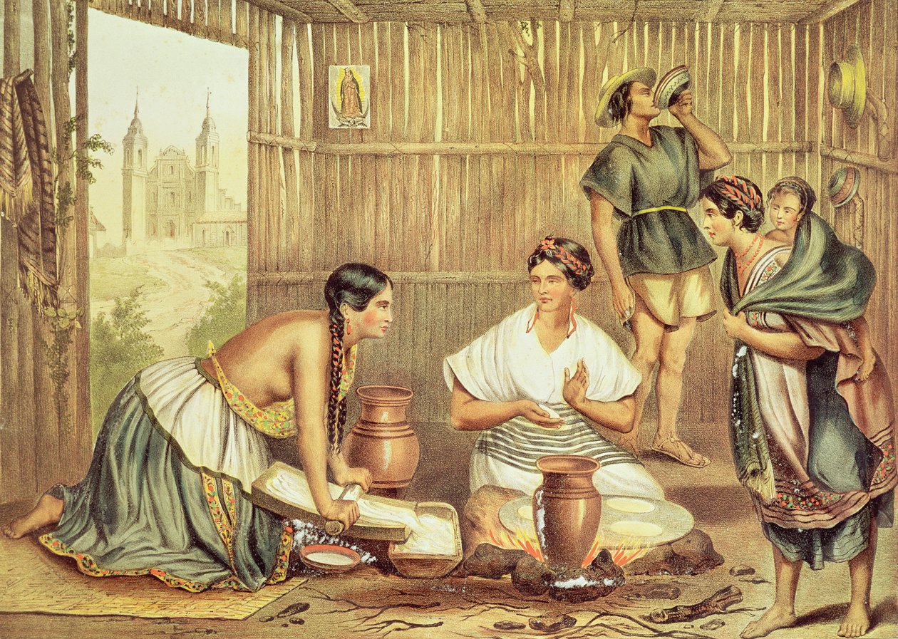 Intiaanit valmistavat tortilloja, "An Album of the Mexican Republic" tekijältä Julio Michaud