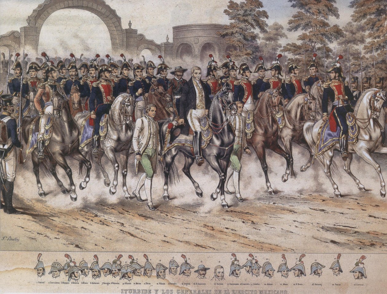 Generales del Trigarante Entrada del Ejercito Trigarante, Iturbide y los generales del Ejército mexicano. tekijältä Julio Michauld and Thomas Ferdinand Bastin