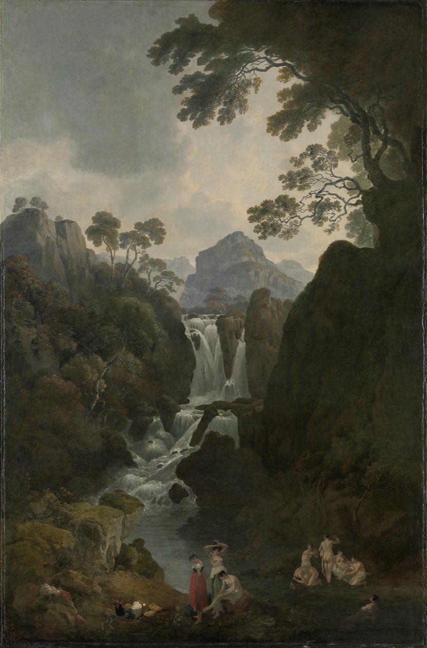 Vesiputous uimareiden kanssa, n. 1800-17 tekijältä Julius Caesar Ibbetson