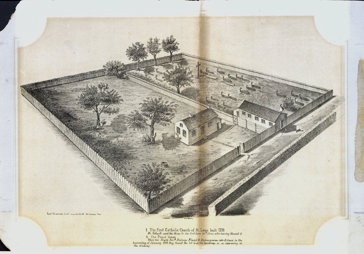 Ensimmäinen katolinen kirkko St.Louisissa rakennettiin vuonna 1770. Herra Gibault piti messun ensimmäisen kerran 24. kesäkuuta siunattuaan sen tekijältä Julius Hutawa Co.