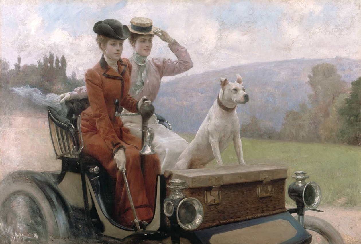 Les Dames Goldsmith au bois de Boulogne ja 1897 sur une voiturette tekijältä Julius Leblanc Stewart