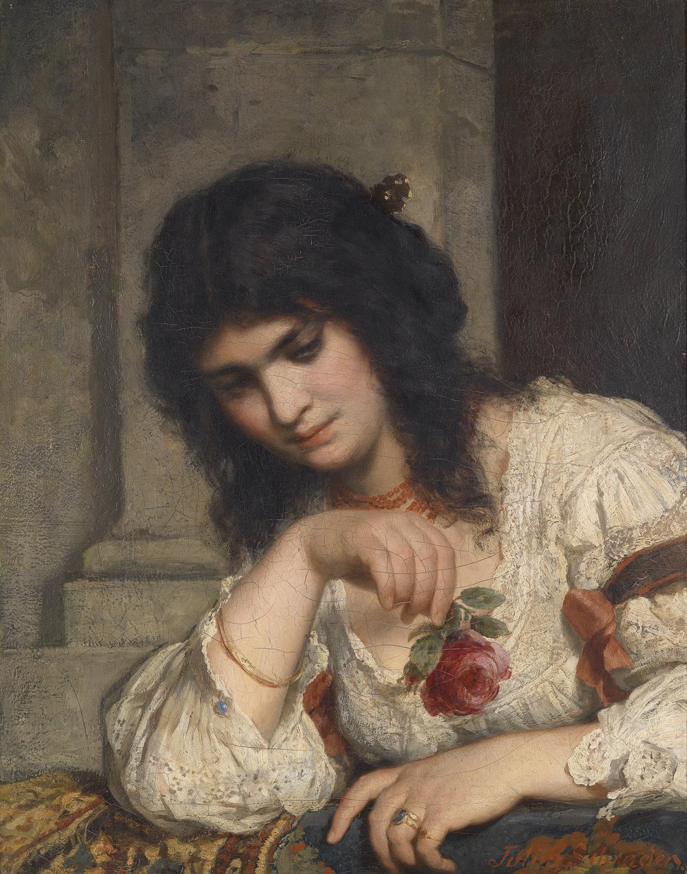 Dame an der Brüstung mit Rose tekijältä Julius Schrader