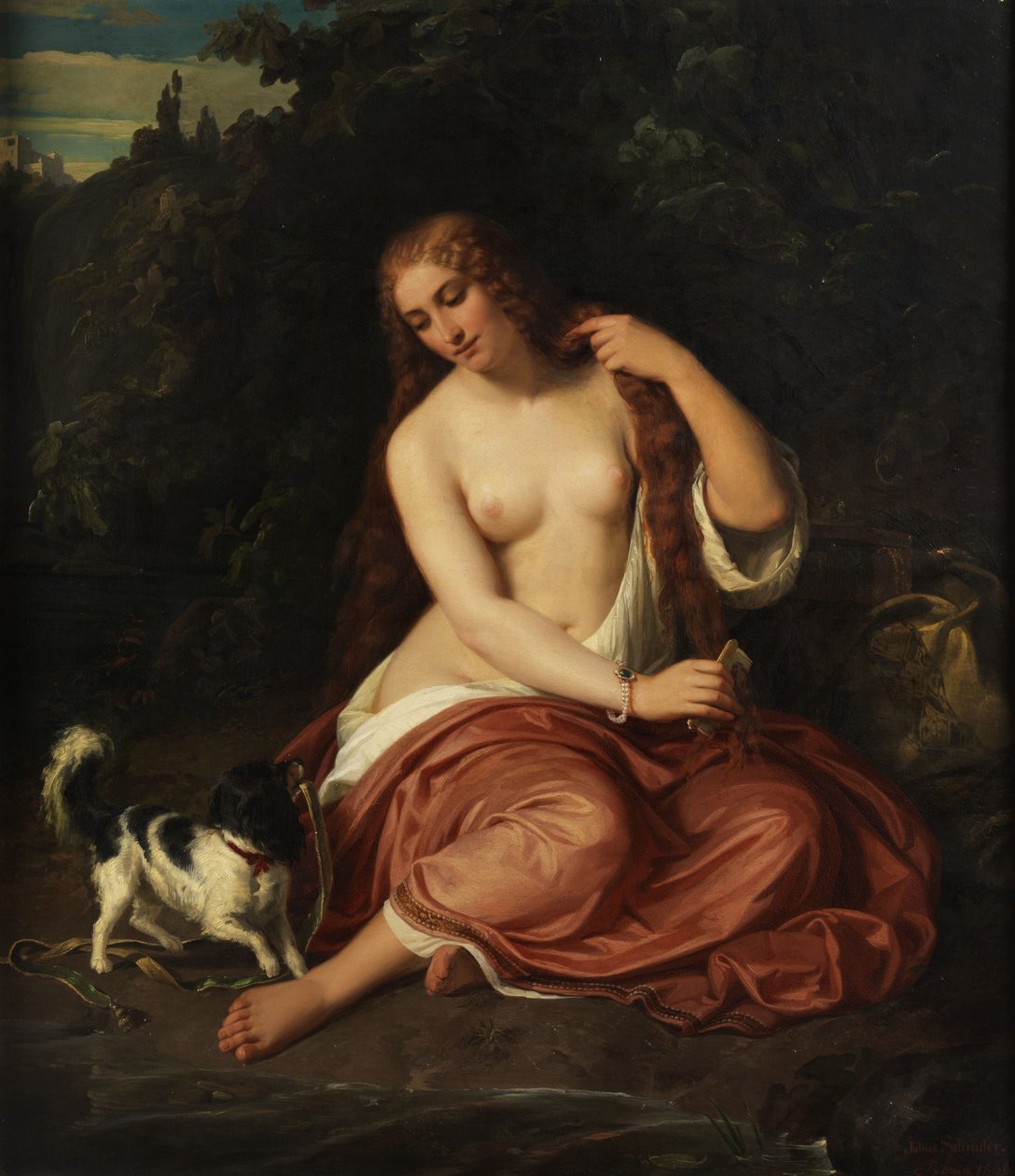Halbakt eines jungen Mädchen mit Hund tekijältä Julius Schrader