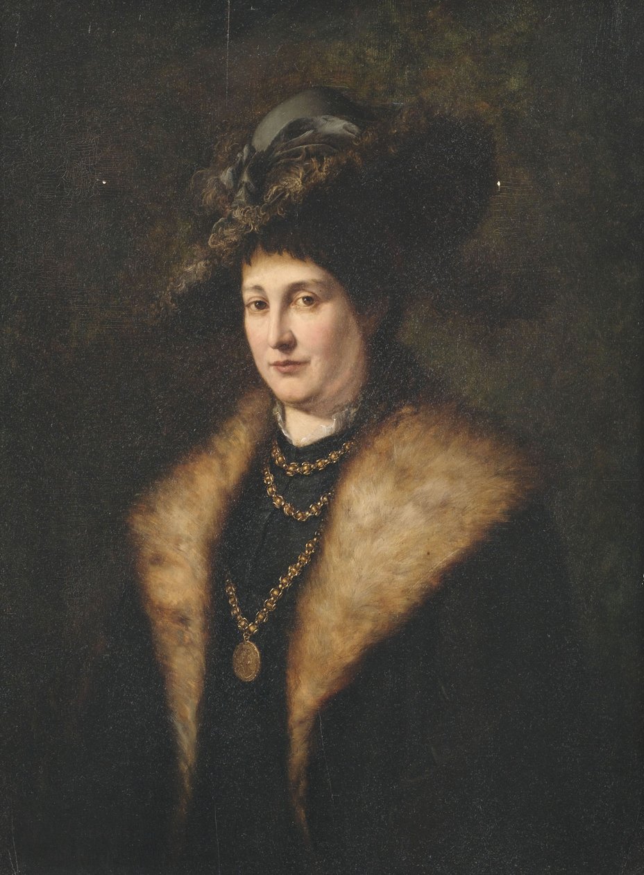 Bildnis einer Dame in dunklem Kleid mit pelzbesetztem Mantel und Hut tekijältä Julius Victor Carstens