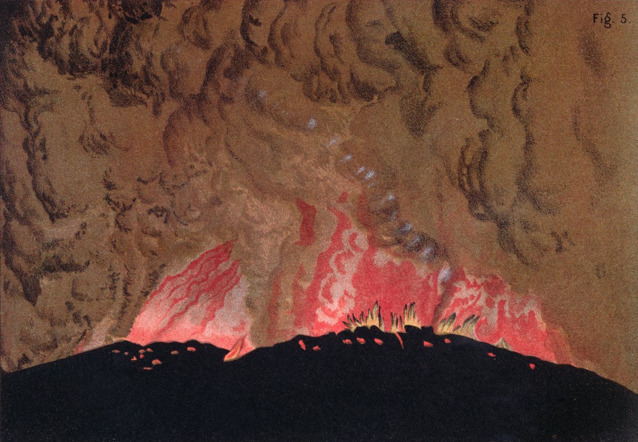 Aphroessan ja Georgiosin laava virtaa Santorinin tulivuoren purkauksen aikana, taiteilijan kuvitus Etudes sur les Volcansista, Druckin ja Arnoldin kaivertama, 1881 tekijältä Julius or Jules Schmidt
