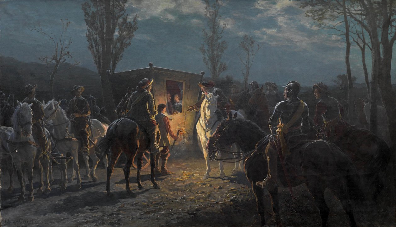 Nachtszene. Berittene halten eine vornehme Kutsche auf tekijältä Julius von Blaas  