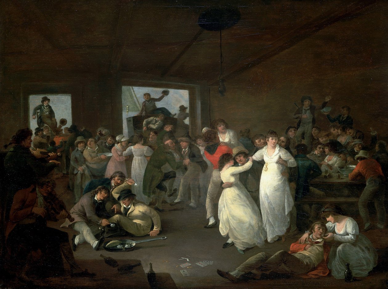 Merimiesten pommitus, kohtaus kapakassa Portsmouthissa (Englanti). Öljy puulle tekijältä Julius Caesar Ibbetson