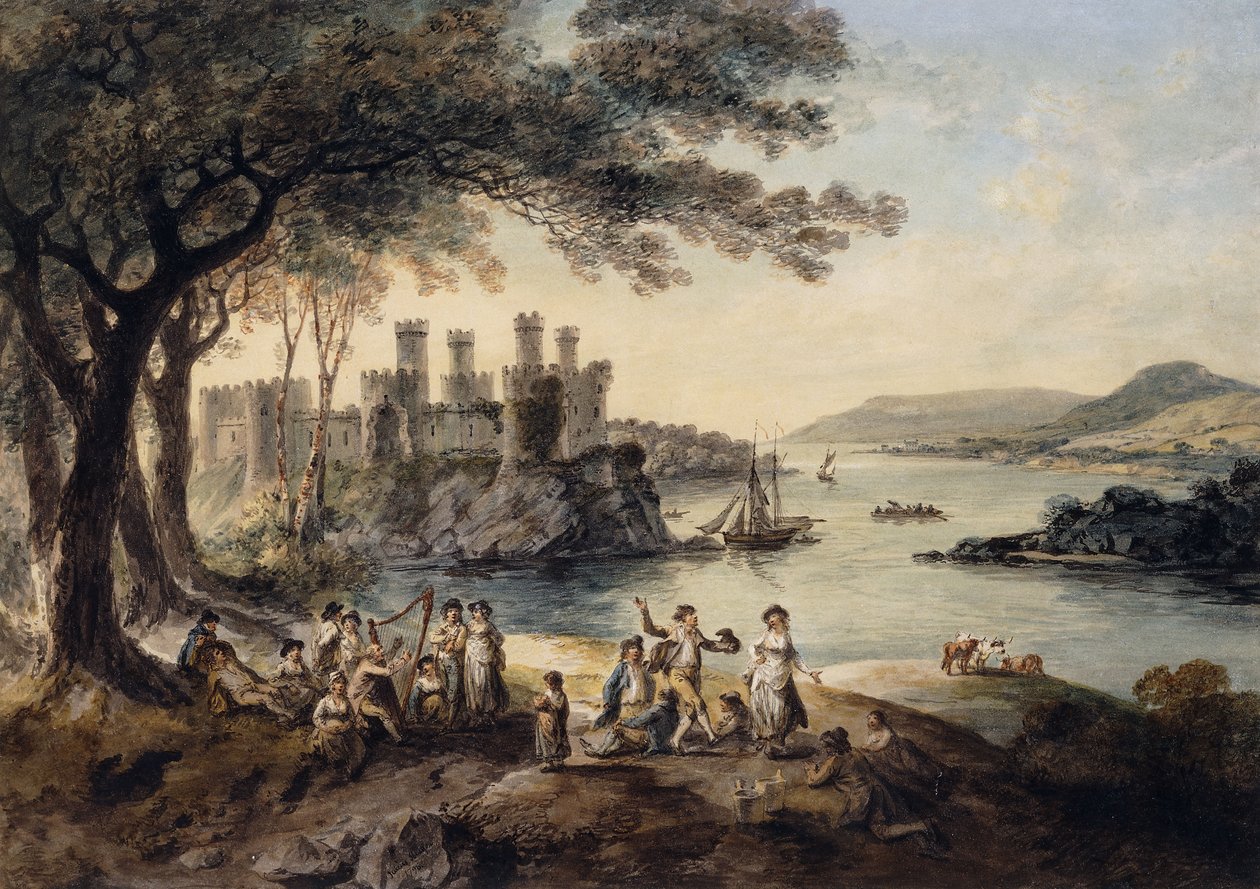 Conway Castle, John Smith "The Blind Harper" etualalla, 1796 tekijältä Julius Caesar Ibbetson