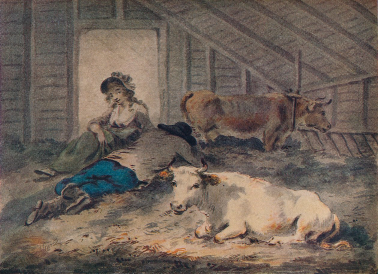 Seurustelu navetassa, c1801 tekijältä Julius Caesar Ibbetson