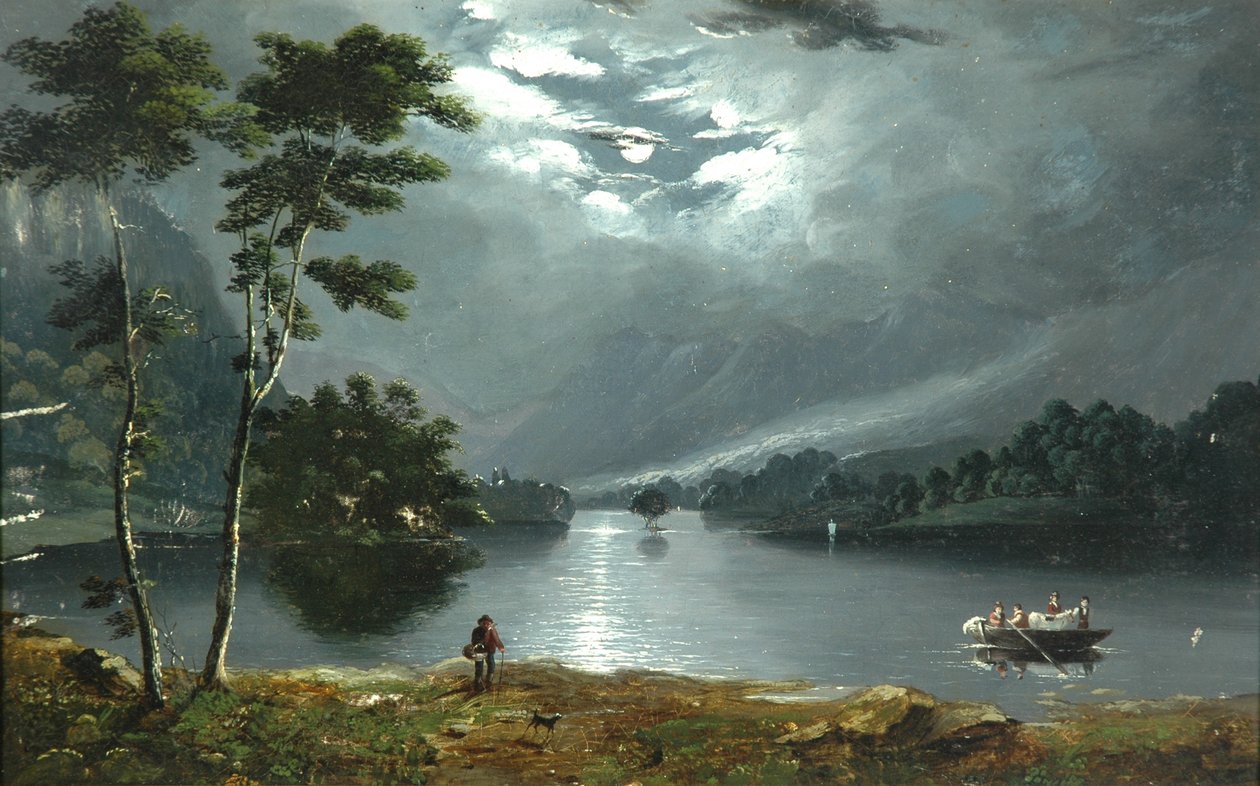 Lautta, Windermere, katsot pohjoiseen ja järvelle kuunvalossa tekijältä Julius Caesar Ibbetson