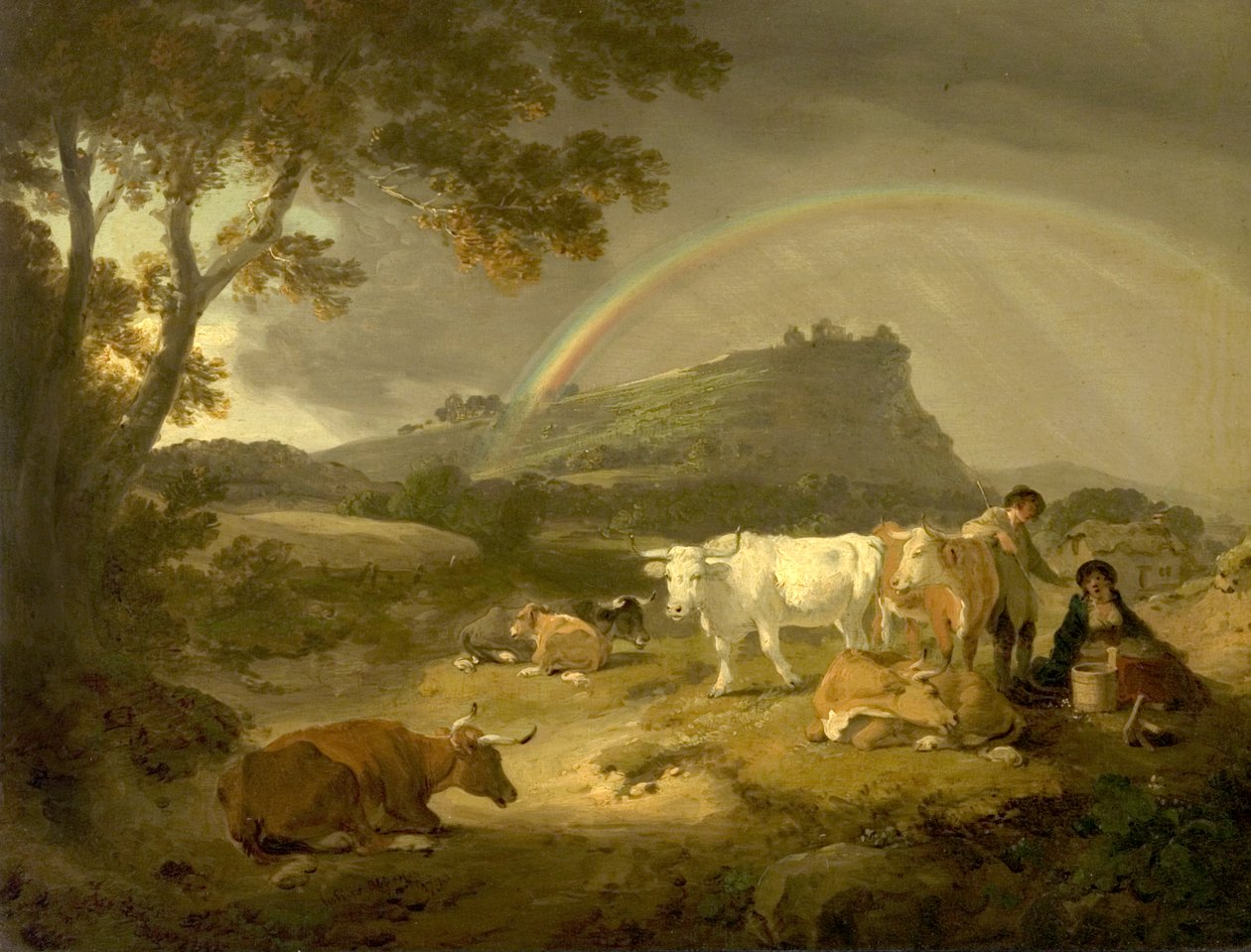 Maisema, Beeston Castle, Cheshire ja Rainbow, 1793 tekijältä Julius Caesar Ibbetson