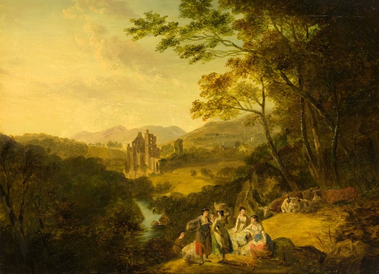 Rosslynin linna pesunaisten ja karjan kanssa, n. 1800 (öljy kankaalle) tekijältä Julius Caesar Ibbetson