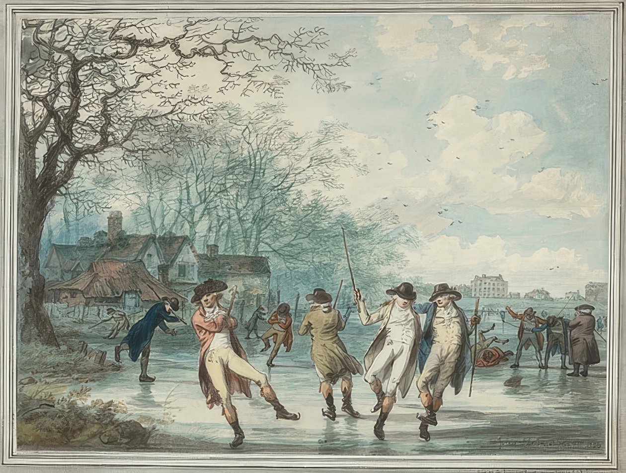 Luistelijat Serpentiinillä Hyde Parkissa. 1786 tekijältä Julius Caesar Ibbetson
