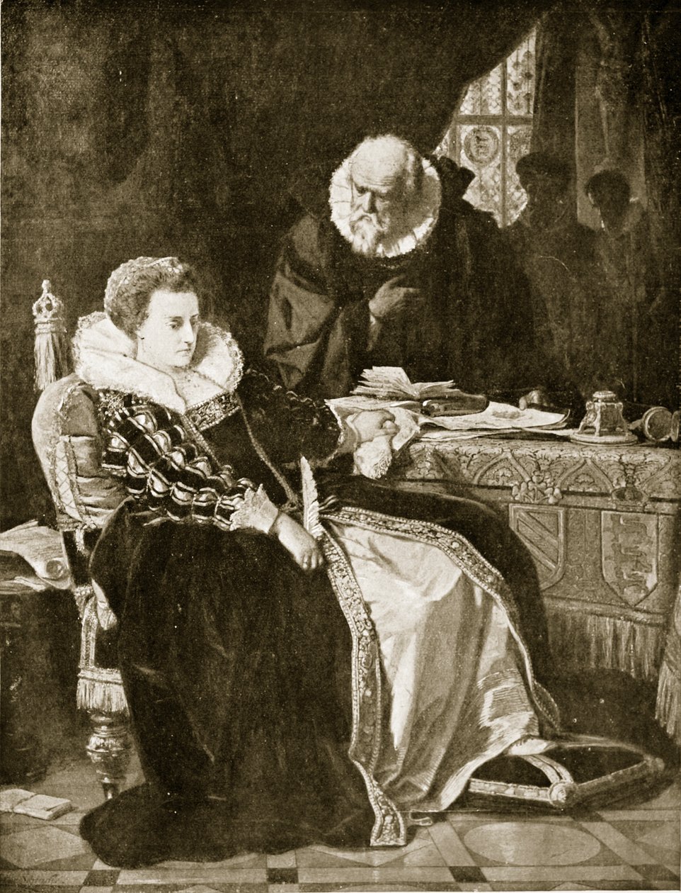 Elizabeth allekirjoittaa Maryn kuolemantuomion, kuvitus "Hutchinsonin tarinasta brittiläisestä kansasta", n. 1923 tekijältä Julius Friedrich Anton Schrader