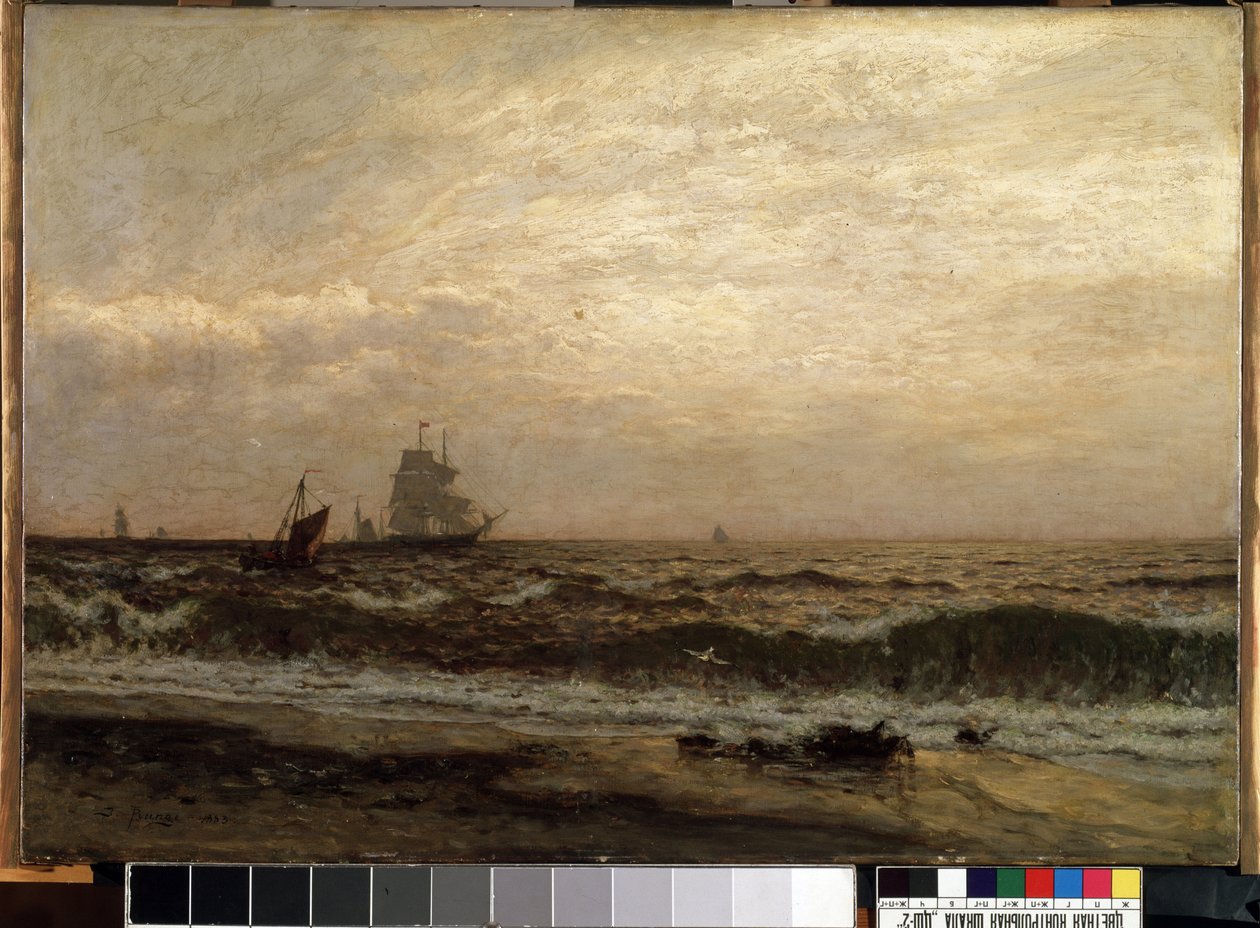 Laivat merellä (Ships on the sea). Julius Friedrich Rungen (1843-1922) maalaus. Öljy kankaalle, 58,5 x 83,5 cm tekijältä Julius Friedrich Runge