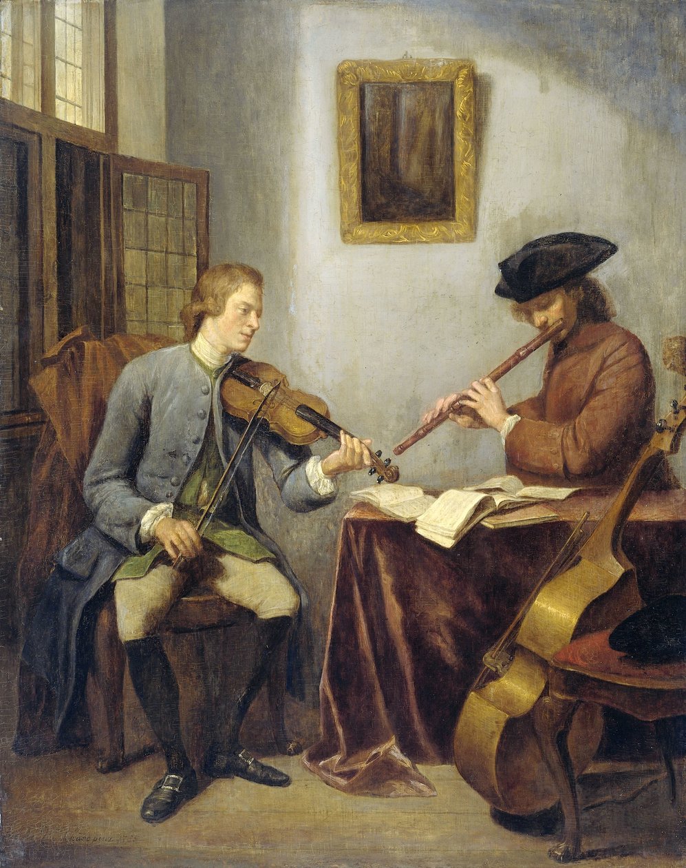 Viulisti ja huilisti soittavat yhdessä musiikkia (The Musicians) tekijältä Julius Henricus Quinkhard