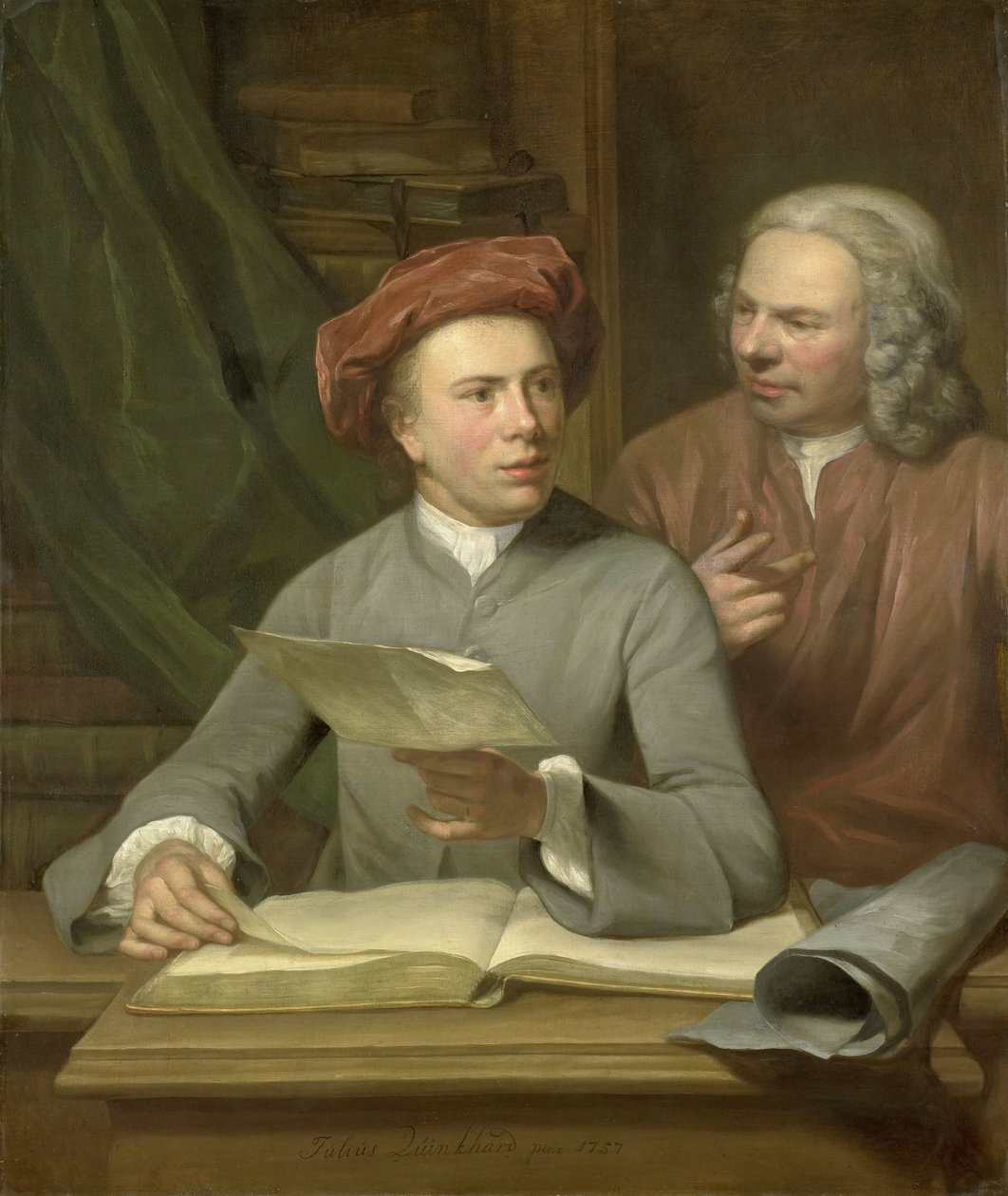 Omakuva. Taiteilijan vieressä seisoo hänen isänsä ja opettajansa Jan Maurits Quinkhard (1688-1772) tekijältä Julius Henricus Quinkhard