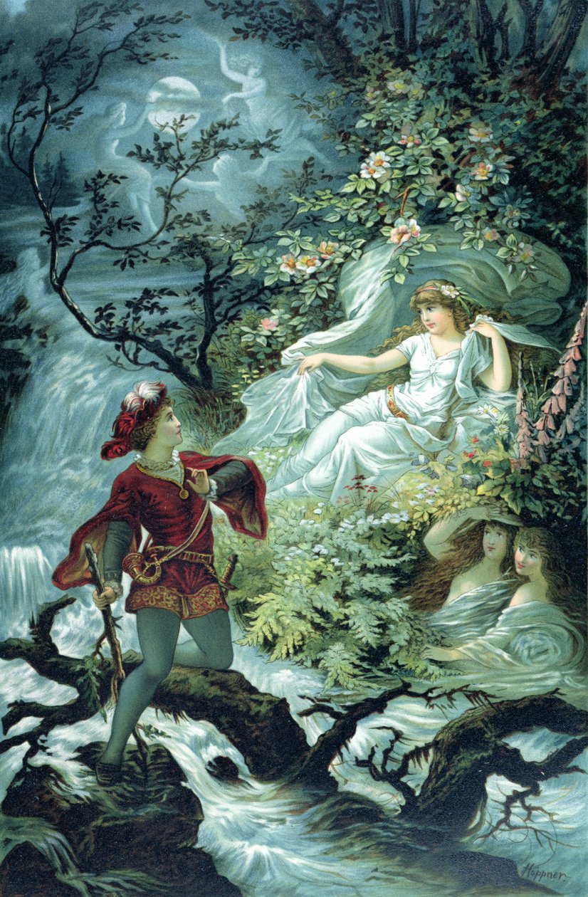 Ritari Hulbrand Undinen kanssa, kuvitus paroni de la Motte Fouquen tarinaan "Undine", 1909 tekijältä Julius Hoeppner