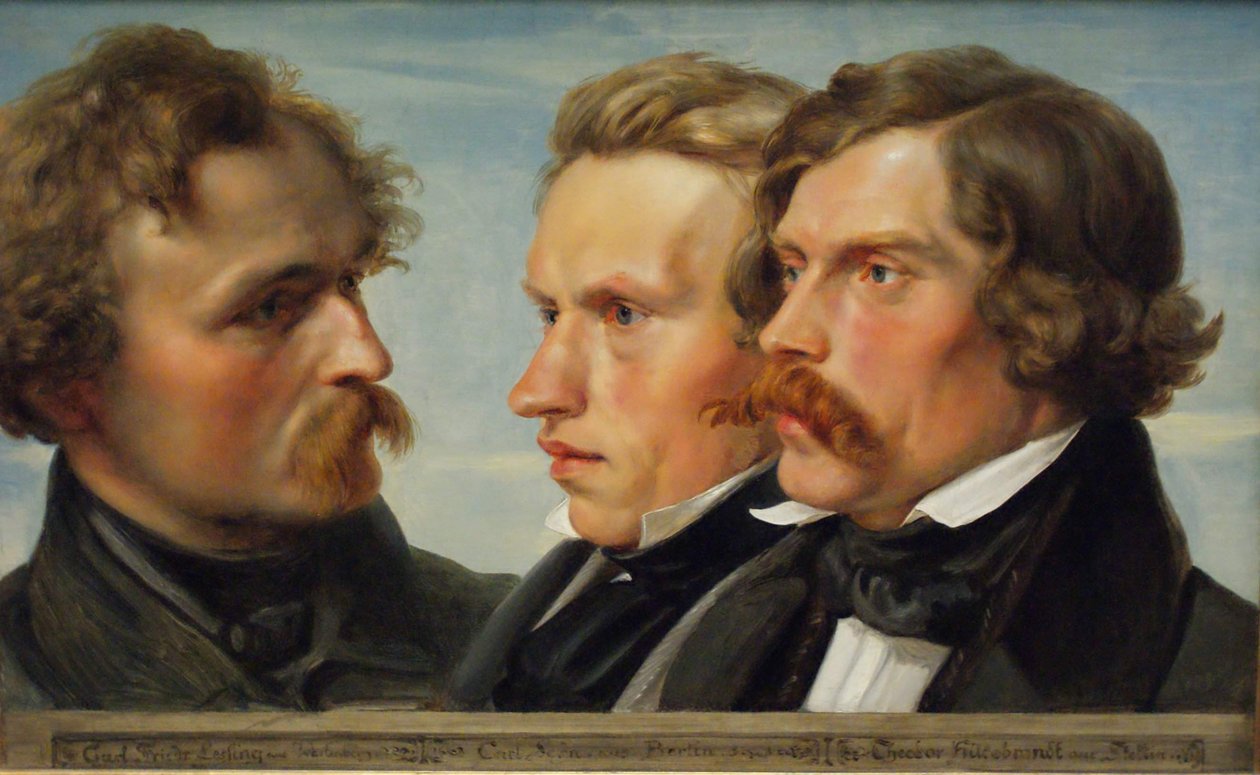 Nuori Düsseldorf. Ryhmämuotokuva taiteilijoista Karl Friedrich Lessingistä, Carl Ferdinand Sohnista ja Theodor Hildebrandtista, 1839 tekijältä Julius Huebner