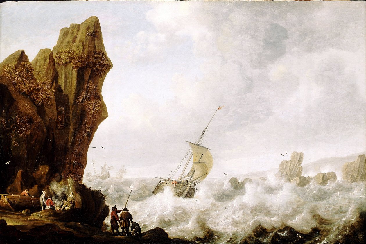 Kahden maston kalastusvene (hooker) myrskyisällä merellä, puristettuna jyrkkien kallioiden ympäröimään käytävään. Julius Porcellis (1609-1645), öljy puulle, noin 1620. tekijältä Julius Porcellis