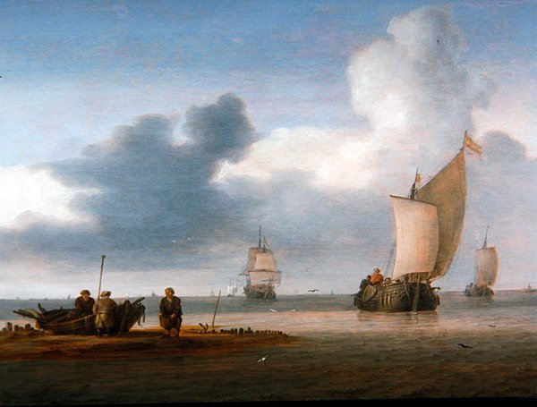 Rantamaisema purjeveneiden ja kalastajien kanssa (öljy paneelissa) tekijältä Julius Porcellis