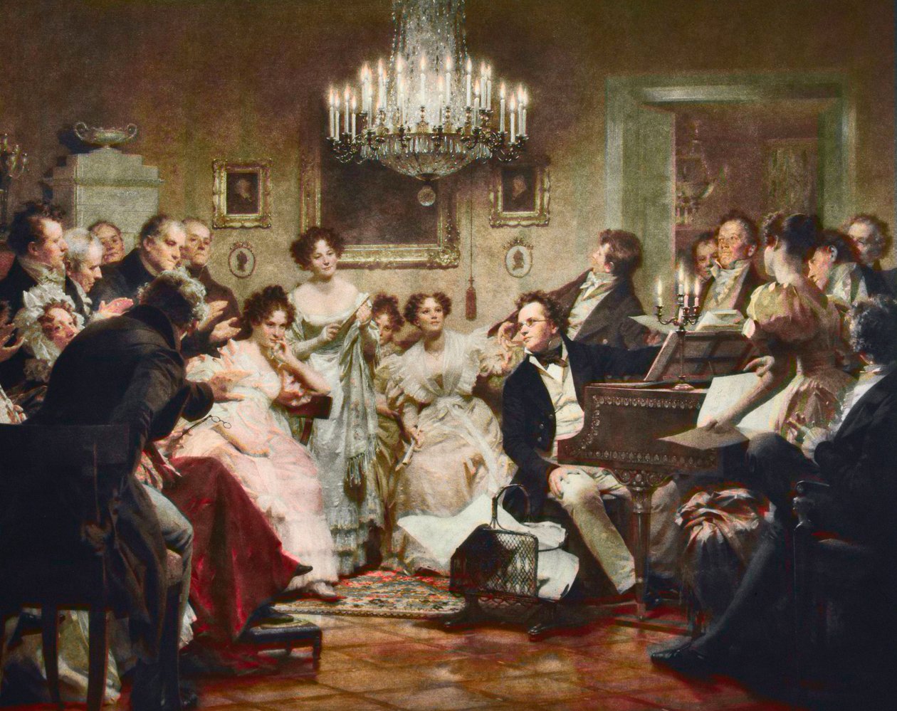Franz Schubert (1797-1828) pianolla Schubert-illassa Wienin salongissa - kaiverrus Julius Schmidin (1854-1935) mukaan tekijältä Julius Schmid