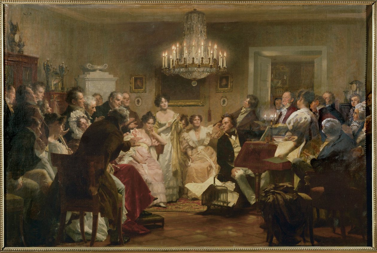Schubert pianon ääressä Schubert-illan aikana wieniläisessä salongissa... (öljymaalaus) tekijältä Julius Schmid
