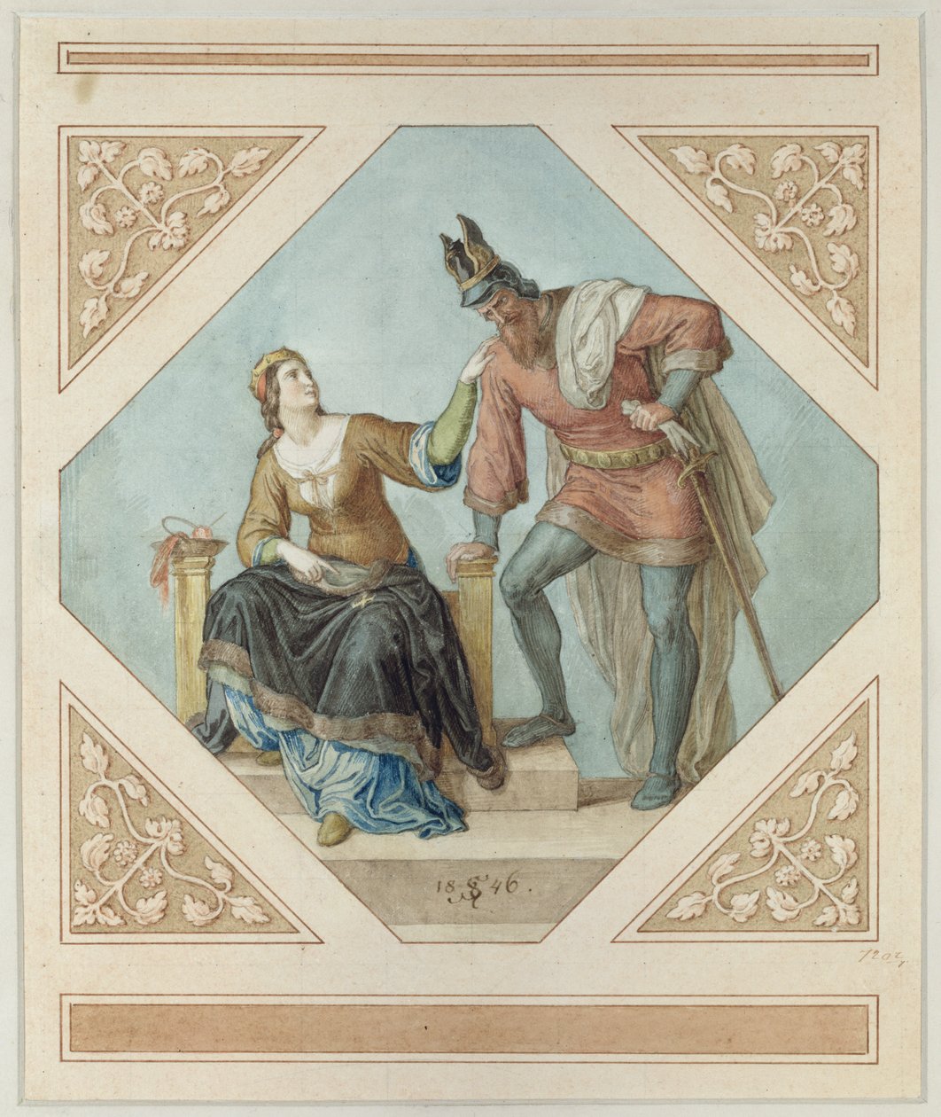 Brunhilde ja Hagen, kuvitus Richard Wagnerin (1813-83) teokseen Niebelungen, 1846 tekijältä Julius Schnorr von Carolsfeld