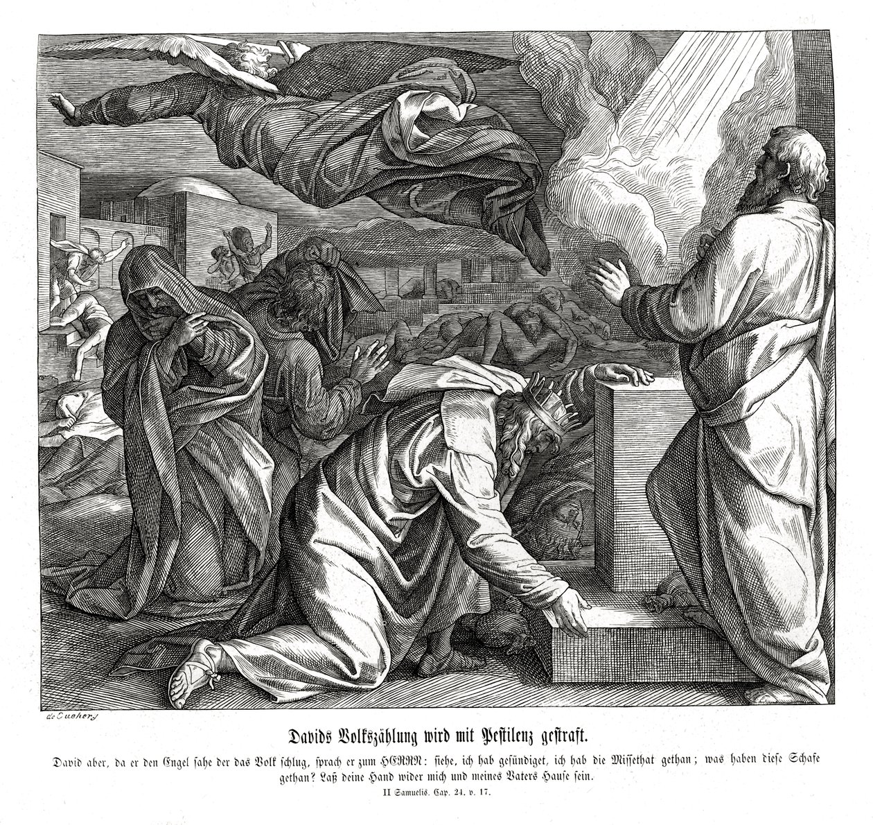 Daavidia rangaistaan kansan laskemisesta, 2 Samuel tekijältä Julius Schnorr von Carolsfeld
