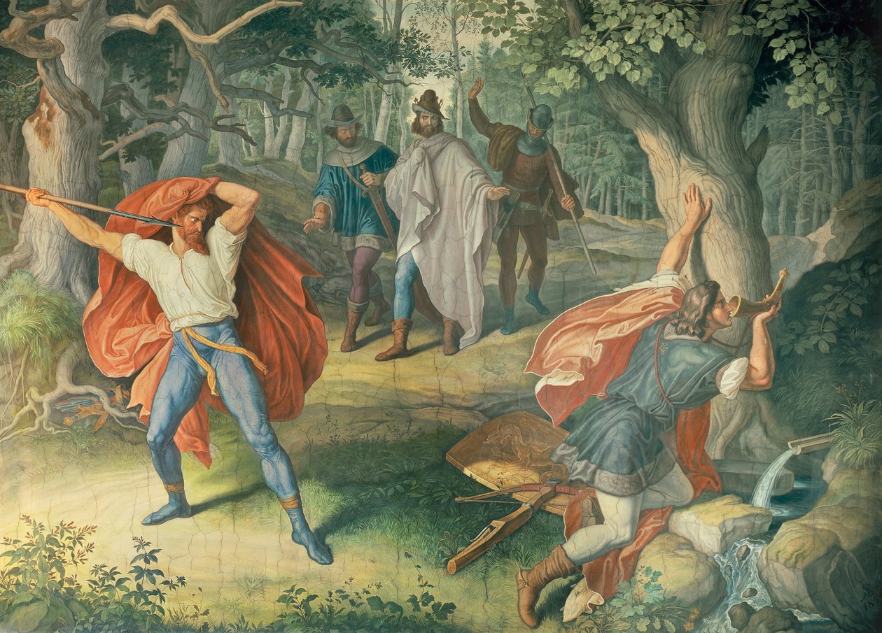 Hagen tappaa Siegfriedin suihkulähteellä, Nibelungien salissa tekijältä Julius Schnorr von Carolsfeld
