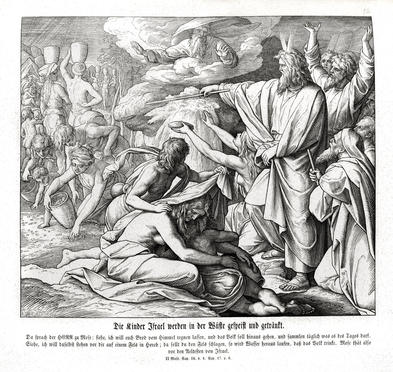 Israelilaiset saavat ruokaa erämaassa, Exodus tekijältä Julius Schnorr von Carolsfeld
