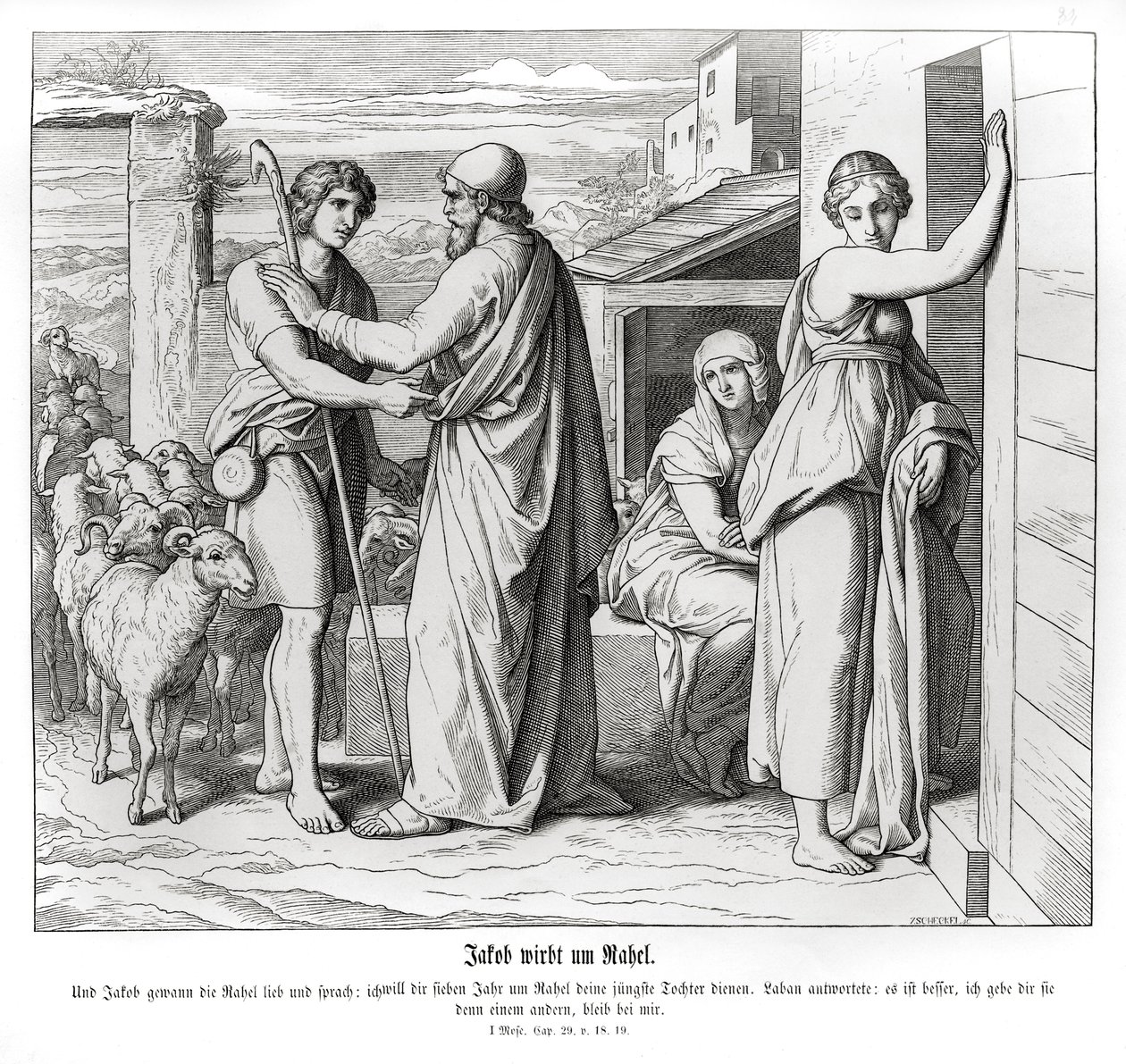 Jacob pyytää Labania Rachelilta hänen vaimonsa Genesis tekijältä Julius Schnorr von Carolsfeld