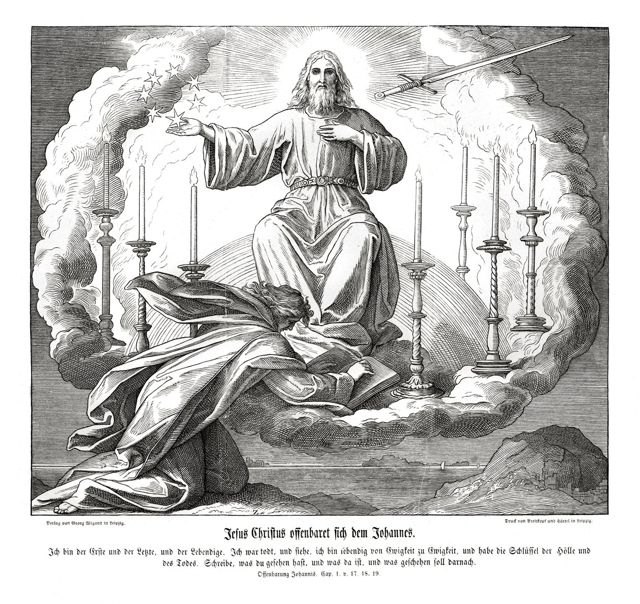 Jeesus Kristus ilmoittaa itsensä Johannekselle, Ilmestyskirja tekijältä Julius Schnorr von Carolsfeld