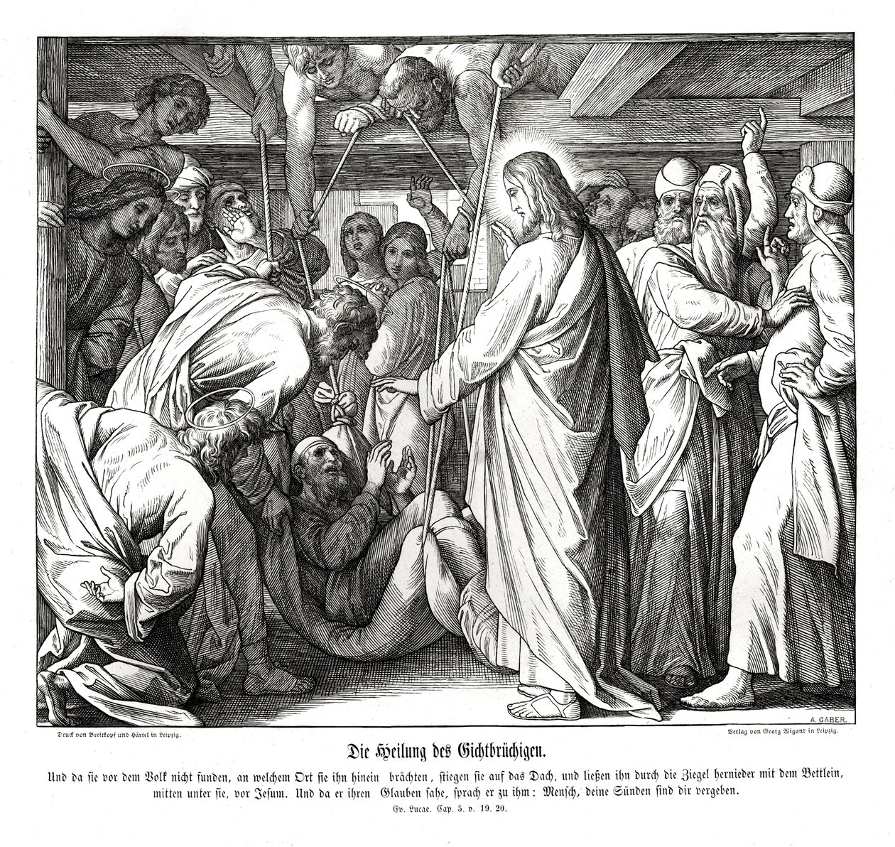 Jeesus parantaa halvaantuneen miehen, Luukkaan evankeliumi tekijältä Julius Schnorr von Carolsfeld