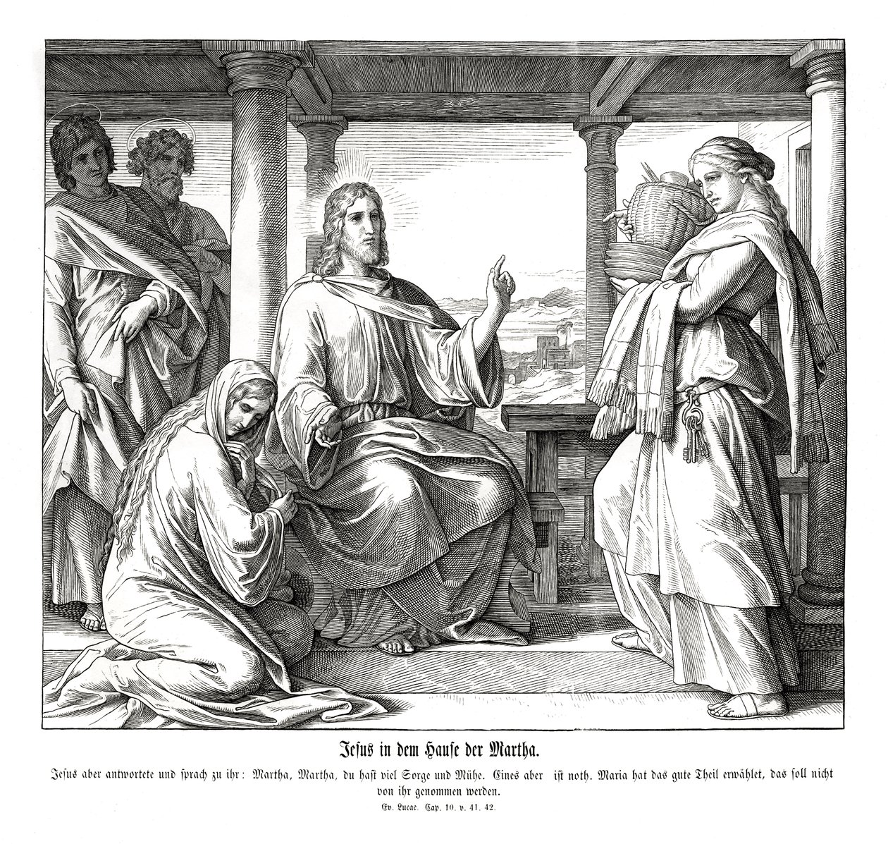 Jeesus Martan talossa, Luukkaan evankeliumi tekijältä Julius Schnorr von Carolsfeld