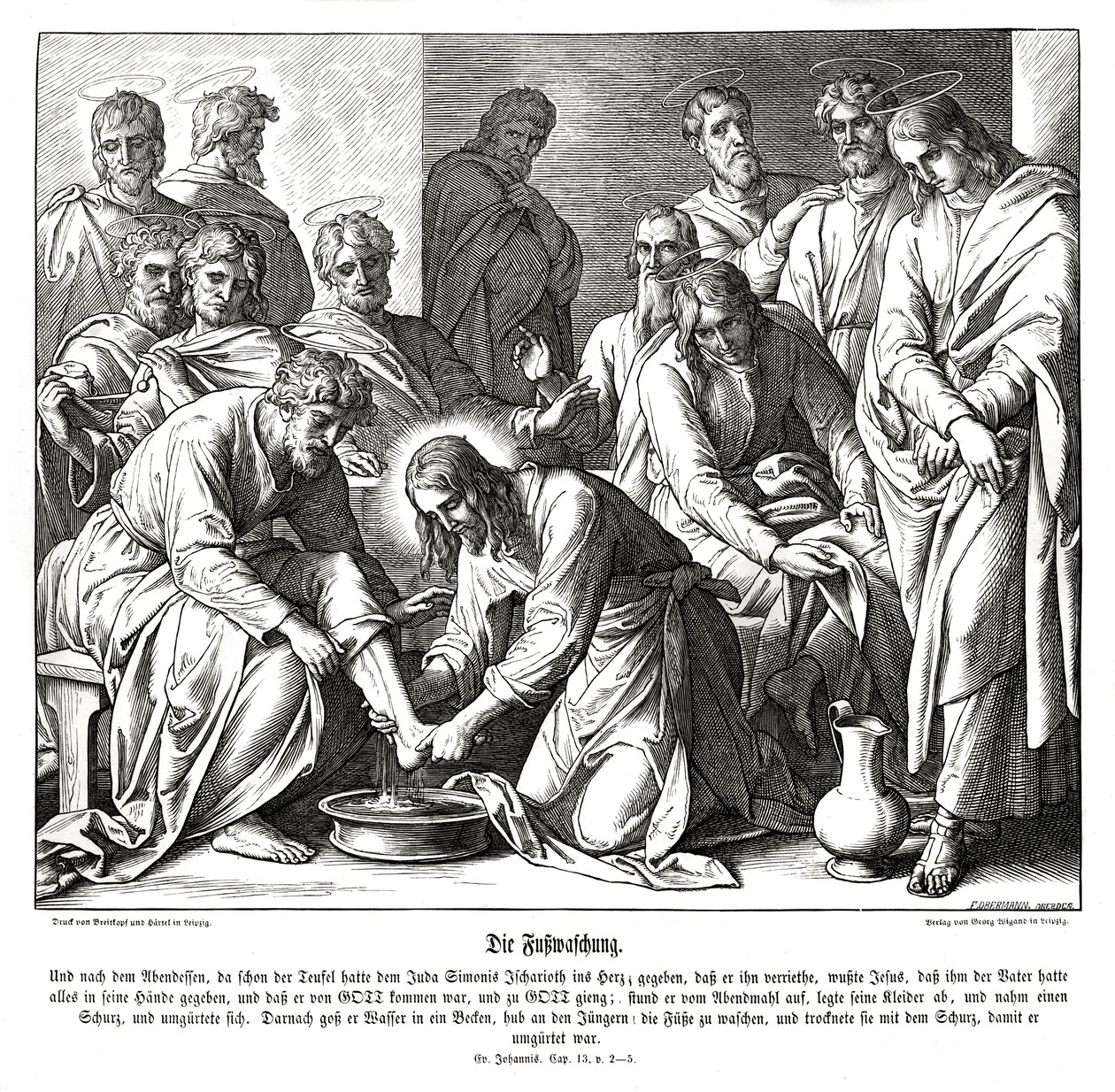 Jeesus pesee opetuslastensa jalat, Johanneksen evankeliumi tekijältä Julius Schnorr von Carolsfeld