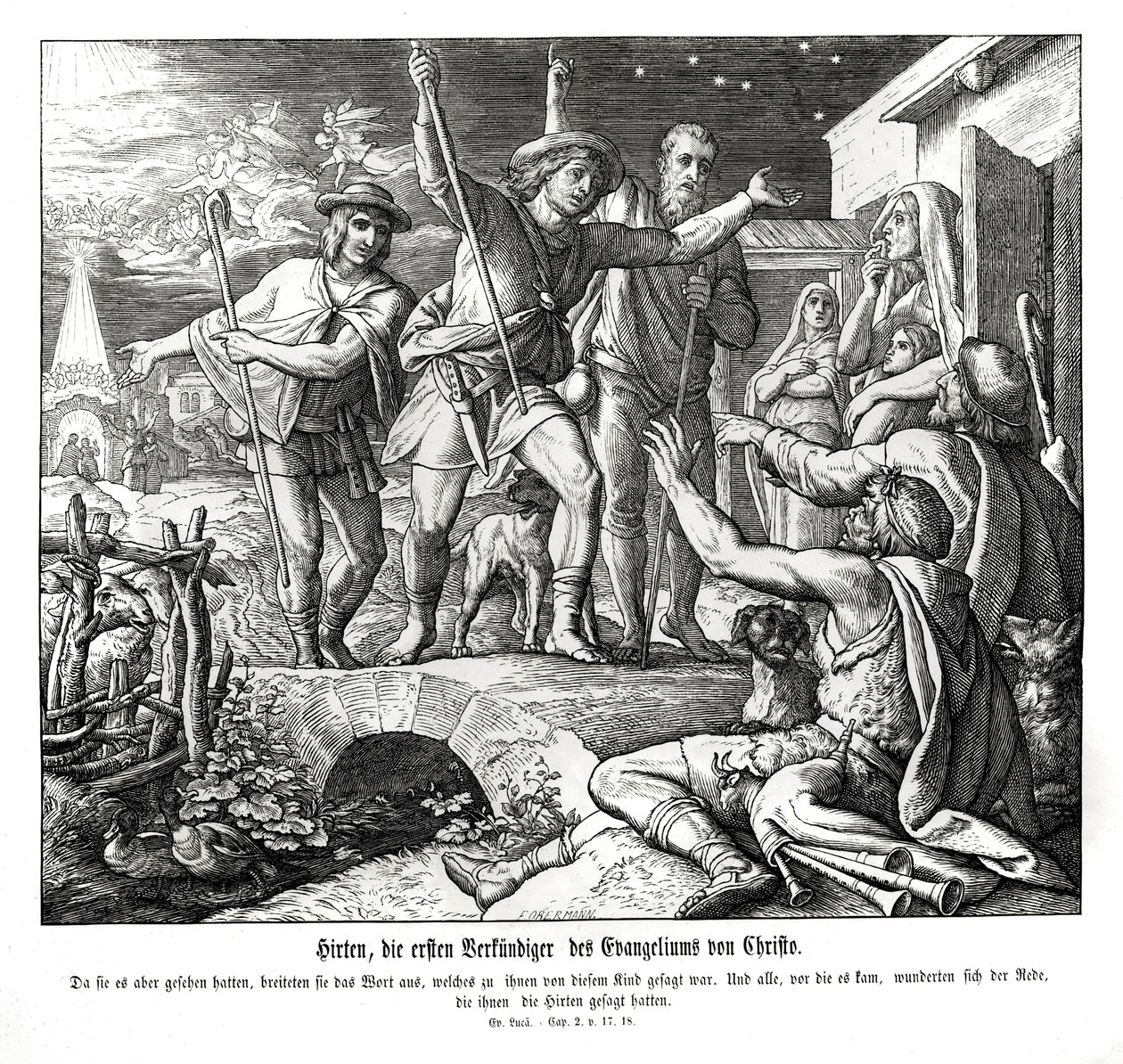 Paimenet levittävät evankeliumia, Luukkaan evankeliumia tekijältä Julius Schnorr von Carolsfeld