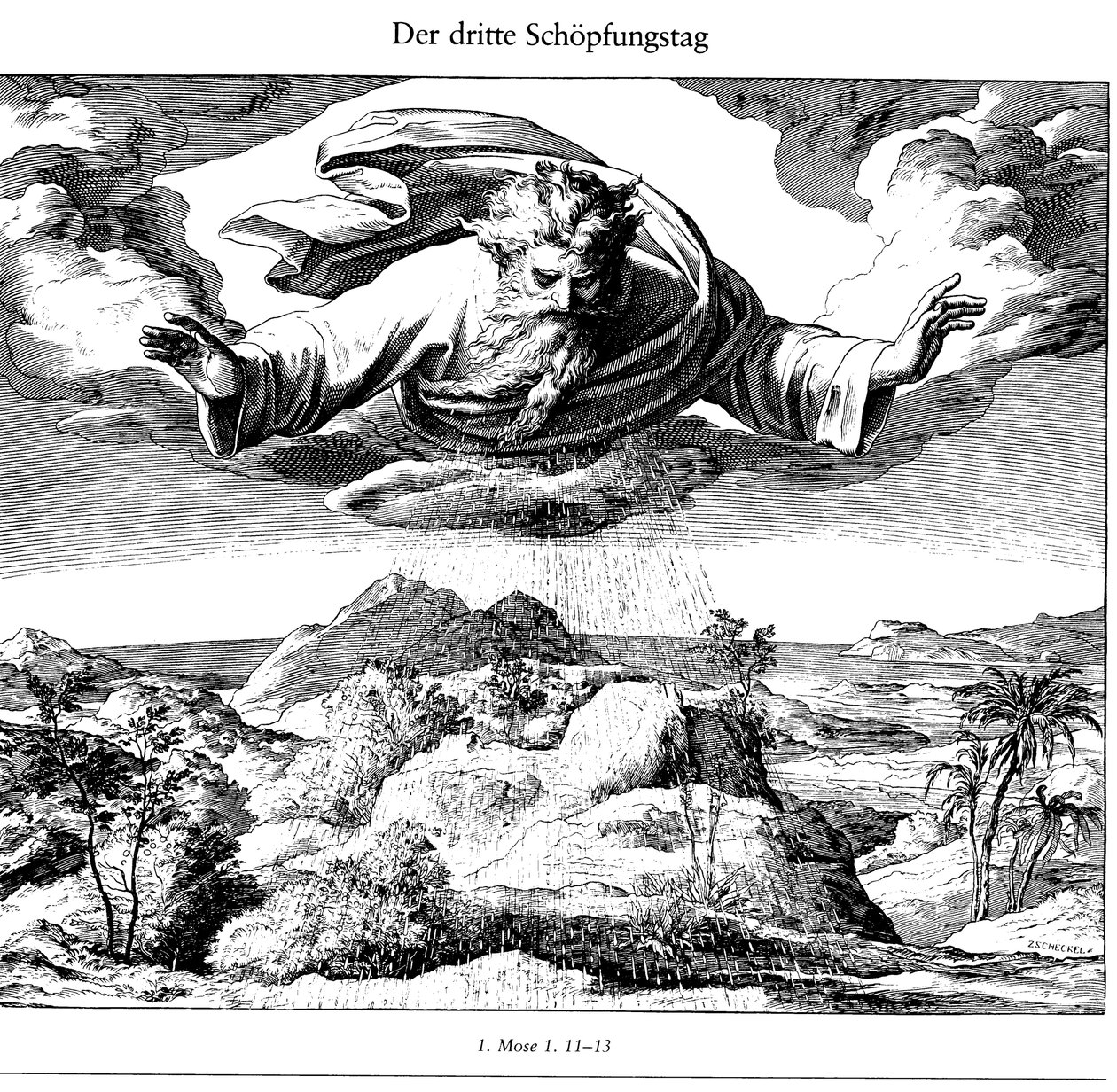 Kolmas luomispäivä kirjasta Die Bibel, Bildern, 1852-1860 tekijältä Julius Schnorr von Carolsfeld